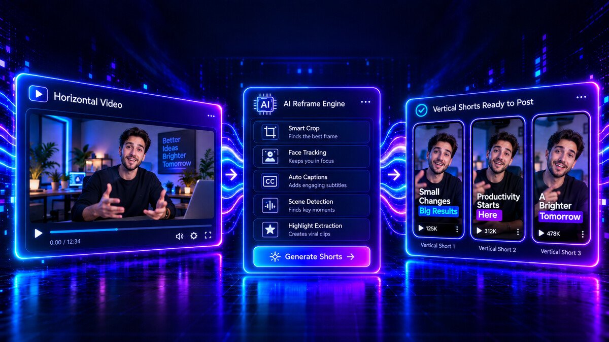 Neon illustration of a horizontal video being reframed by AI into three vertical short-form videos