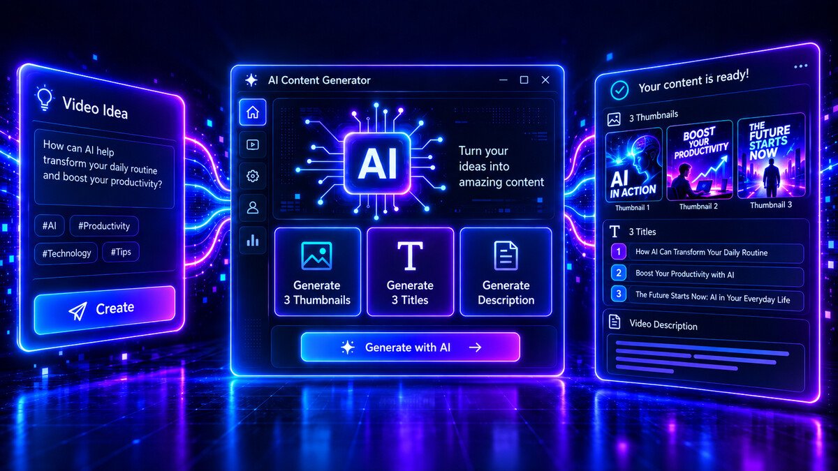 Neon illustration of an AI workspace generating three video thumbnails, title ideas and a description