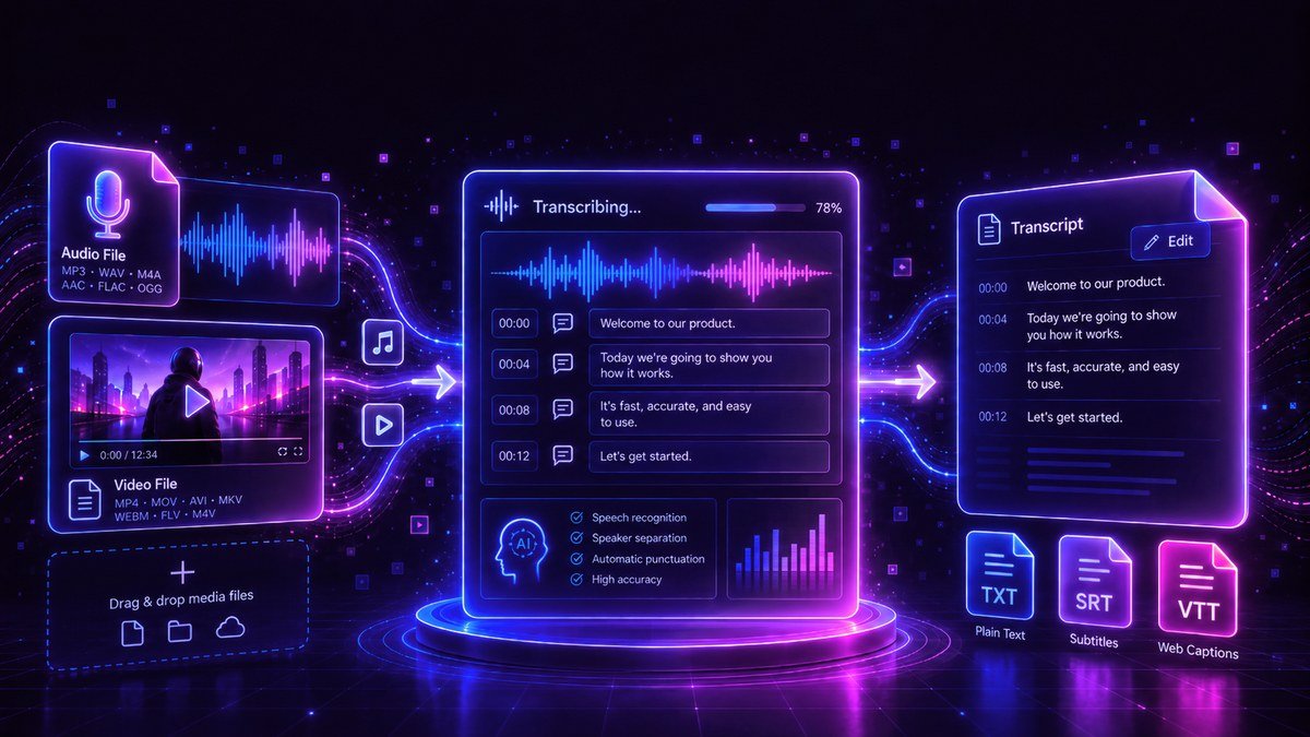 Neon illustration of audio and video files flowing into a transcription panel that shows a waveform and timed caption lines, and out again as a transcript with TXT, SRT and VTT downloads